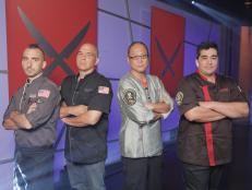 Iron Chef's Marc Forgione, and Michael Symon versus Masaharu Morimoto, and Jose Garces in studio kitchen during the Big Game Day battle, as seen on Food Networkâ  s Iron Chef America.