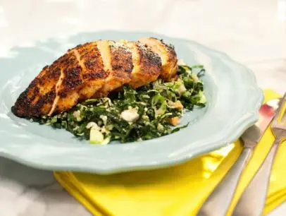 Chile Rubbed Chicken Breast with Kale, Quinoa, and Brussels Sprouts Salad as prepared by Marcela Valladolid as seen on Food Network's The Kitchen, Season 1.