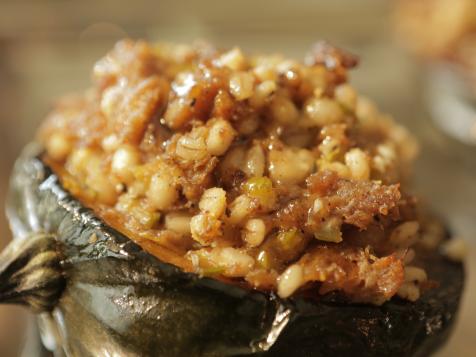 Stuffed Acorn Squash with Sausage, Barley and Goat Cheese