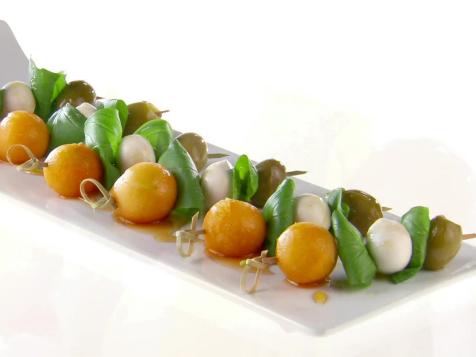 Melon and Olive Mini Skewers with Black Pepper Honey