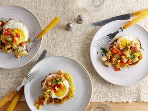Potato Cakes with Fried Eggs and Turkey-Red Pepper Hash