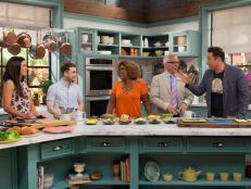 Harry Potter star Daniel Radcliffe, second from left, shares a laugh with show hosts Geoffrey Zakarian, Jeff Mauro, Katie Lee, and Sunny Anderson, as seen on Food Network's The Kitchen, Season 2.