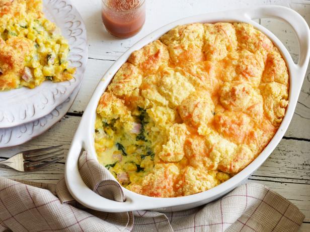 BREAKFAST CORNBREAD CASSEROLE WITH HAM AND KALE
Food Network Kitchen
Food Network
Butter, Onion, Thyme, Kosher Salt, Black Pepper, Frozen Corn, Heavy Cream, Deli Ham, Kale,
Yellow Cornmeal, Flour, Baking Powder, Sugar, Kosher Salt, Black Pepper, Sharp Yellow
Cheddar