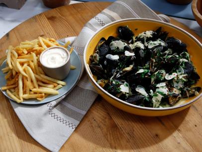 Geoffrey Zakarian's Classic Moules Frites dish as seen on Food Network's The Kitchen, Season 7.