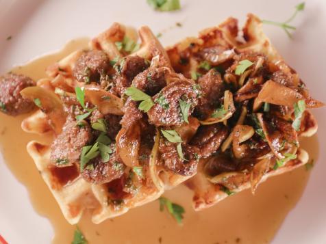 Cheddar-Black Pepper Waffles with Sausage and Apples Maple Agrodolce