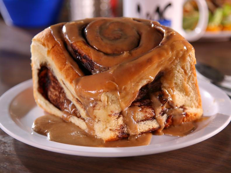 WS of the cinnamon roll from Mountain Shadows in Colorado Springs, CO as seen on Food Network's Diners, Drive-Ins and Dives episode DV2313.
