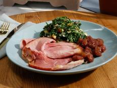 Smithfield ham paired with Geoffrey Zakarian's Fig Chutney and Collard Salad with Hazelnuts, Pecorino and Mustard Vinaigrette is seen on the set of Food Network's The Kitchen, Season 8.