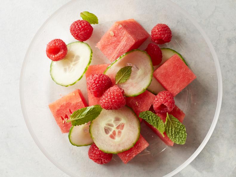 Food Network Kitchenâ  s Watermelon Raspberry Cucumber Mint fruit salad as seen on Food Network.