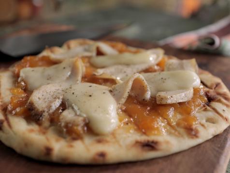Roasted Chicken, Peach and Brie Pizza