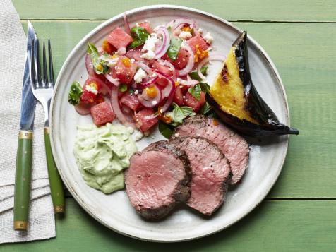 Beef Tenderloin with Basil Crema with Watermelon-Basil Salad and Grilled Plantains