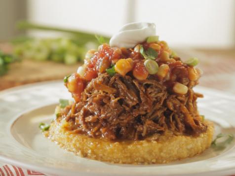 Deconstructed Tamales: Trisha's Cheese Grit Cake with Tamale-Style Pulled Pork