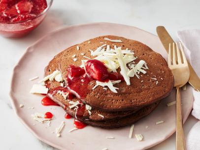 Food Network Kitchen’s  Year of Pancakes, February, Chocolate Pancakes with Caramel Strawberry Sauce