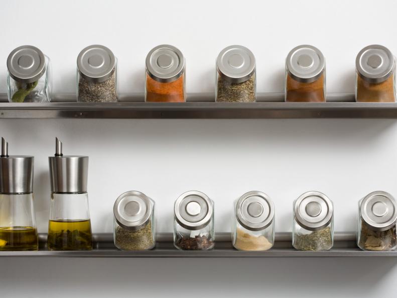 Herbs and spices on a shelf
