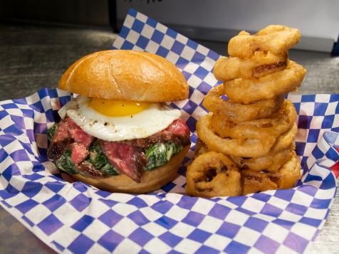 Steak and Egg Sandwich with Creamed Spinach and Onion Rings