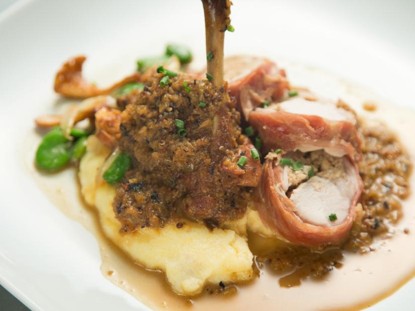 Food beauty of stuffed rabbit loin, with chanterelles, fava beans and soft polenta, from the team with Host Anne Burrell and contestant Nick Slater, during the final menu challenge, as seen on Food Network’s Worst Cooks In America, Season 8.