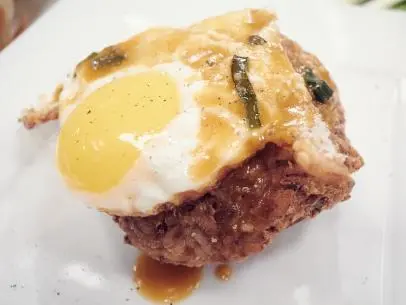 Finalist Tregaye Fraser's dish, Loco Moco Fried Rice Cake, for the Mentor Challenge, Food Authority, as seen on Food Network Star, Season 12.