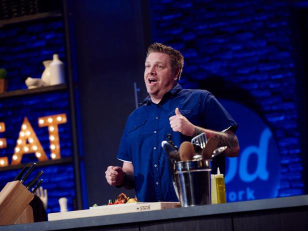 Finalist Rob Burmeister presenting his dish, Turkey Meatloaf on the Range, for the Mentor Challenge, Edible Art, as seen on Food Network Star, Season 12.