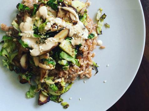 Sesame Rice with Warm Brussels Sprout-Shiitake Slaw and Smoky Tahini Dressing