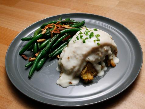 Crab-Stuffed Flounder with Mornay Sauce and Green Beans Almondine