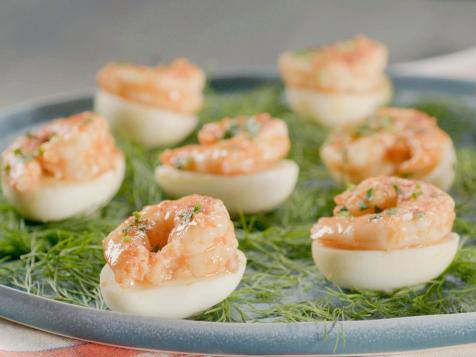 Remoulade Deviled Eggs with Pickled Shrimp