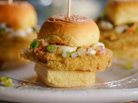 Fried Green Tomato Sliders with Goat Cheese Mayo and Tomatillo-Bacon Relish