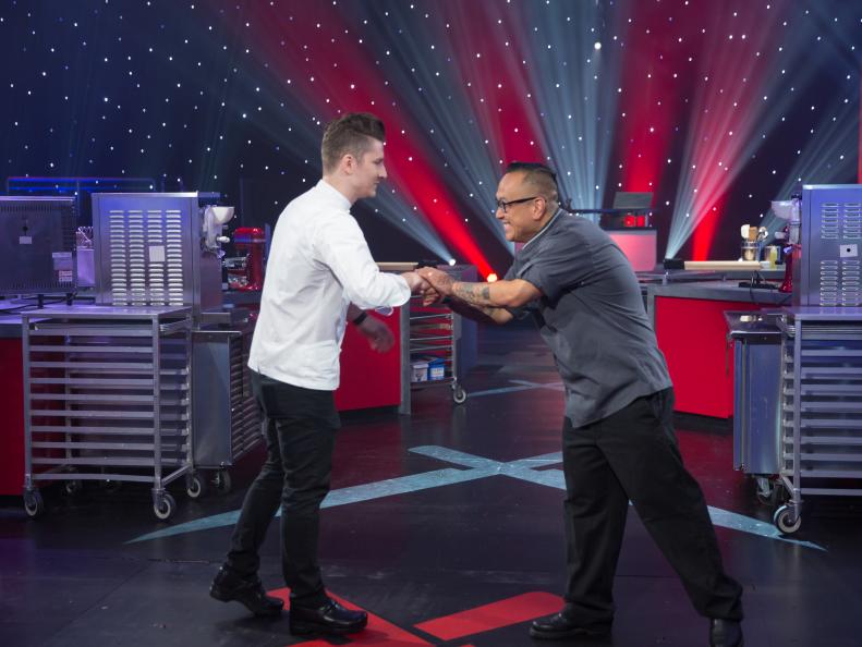 Contestants Jenner Tomaska (L) and Tory Miller in kitchen stadium, as seen on Iron Chef Showdown, Season 1.