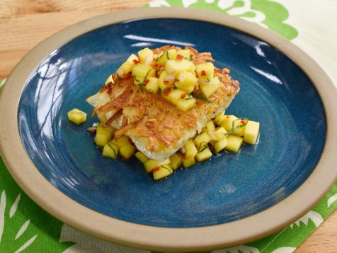 Hash Brown-Crusted Halibut with Mango Mint Relish