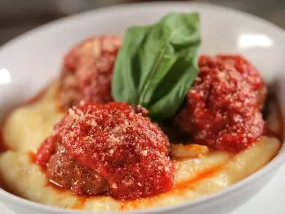 The Traditional Meatball with Pesto Sauce as served at The Meatball Stoppe in Orlando, Florida as seen on Food Network's Diners, Drive-Ins and Dives episode 2610.