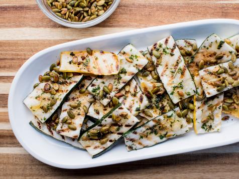 Grilled Zucchini and Squash with Brown Sugar-Bourbon Pumpkin Seeds