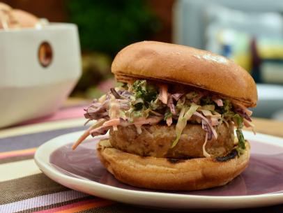 A tuna burger with a spicy slaw, as seen on Food Network's The Kitchen.