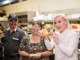 Host Hannah Hart with Carlos Castro and Soledad Roybal, owner of Castro's Cafe, as seen on Food Network's I Hart Food, Season 1.