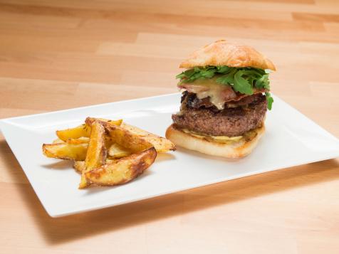 Fontina-Stuffed Burgers with Portobellos and Bacon and Roasted Potato Wedges