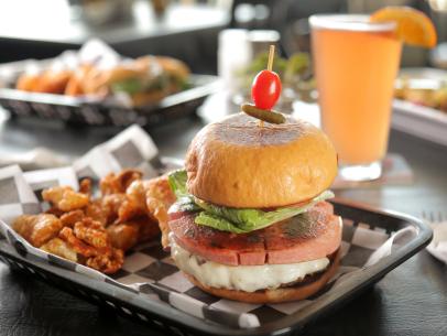 The Arkansas BBQ Bologna Burger as Served at North Bar in Little Rock, Arkansas, as seen on Diners, Drive-Ins and Dives, Season 29.