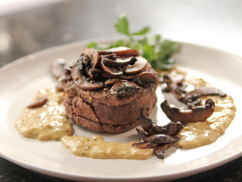 Close-up of Filet Mignon with Mustard and Mushrooms, as seen on Barefoot Contessa: Back to the Basics, Season 15.
