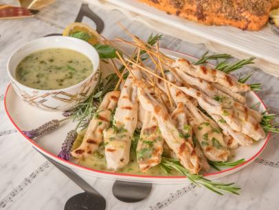 Food Beauty of Giadas Chicken Picatta Skewers as seen season 4 of Food Networks Giadas Holiday Handbook