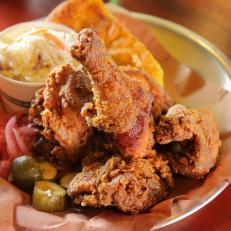 Apple Chili Brined Fried Chicken as Served at Cochon Volant BBQ in Sonoma, California, as seen on Diners, Drive-Ins and Dives, Season 29.
