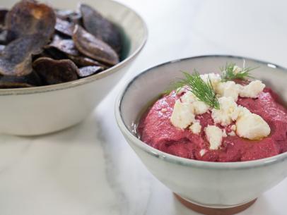 Food beauty of beet and walnut dip with fry chips, as seen on Food Network’s Trisha’s Southern Kitchen Season 13