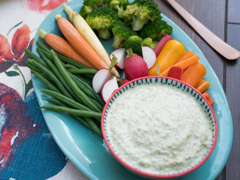 Beauty of spring dressed veggies with sweet pea aioli, as seen on Food Network’s Trisha’s Southern Kitchen Season 11