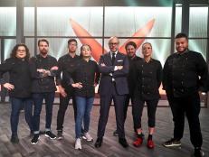 Host Alton Brown with the Contestants, as seen on Iron Chef Gauntlet, Season 2.