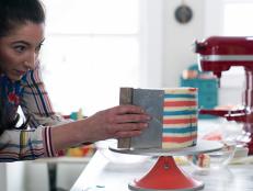 Host Gesine Bullock-Prado makes Red, White, and Blue Stripe Cake, as seen on Baked in Vermont, Season 2.