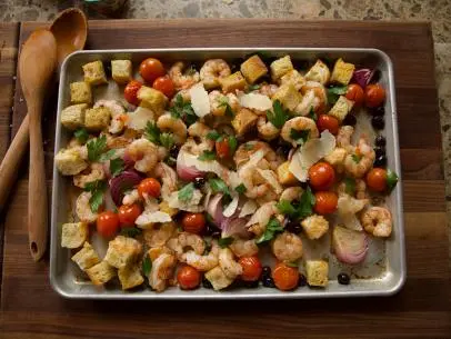 Close-up of Shrimp Sheet Pan Puttanesca, as seen on The Pioneer Woman, Season 19.