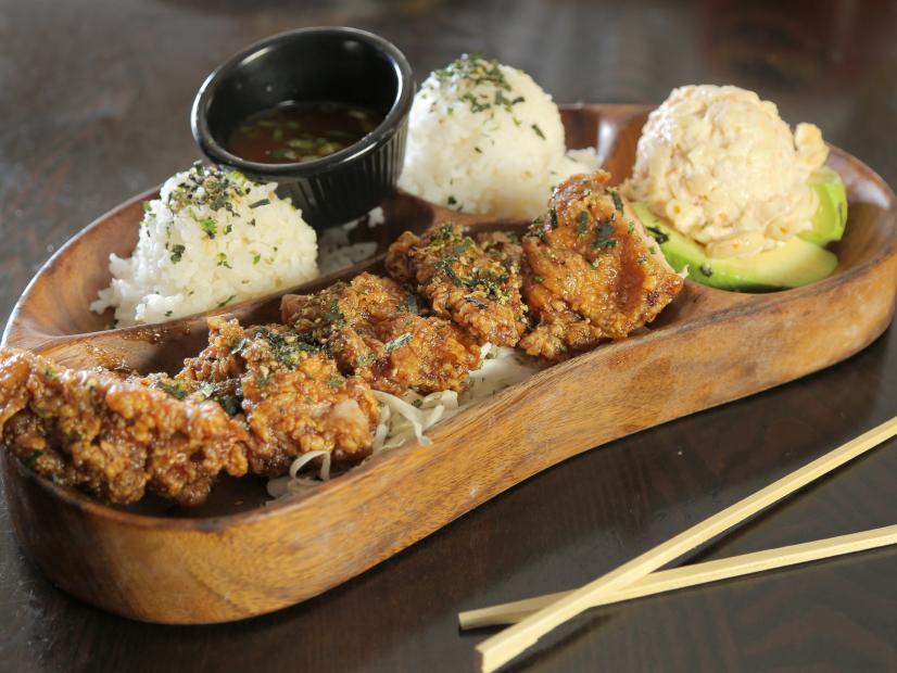 The Garlic Furikake Chicken as served at Broke Da Mouth Grindz in Kailua-Kona, Hawaii, as seen on Diners, Drive-Ins and Dives, Season 28.
