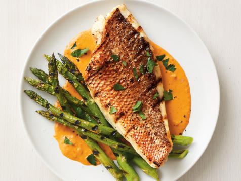 Grilled Snapper and Asparagus with Red Pepper Sauce