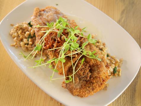 Wild Boar Schnitzel with Rye Spaetzle and Pickled Mushrooms