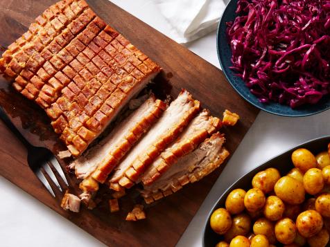 Crispy Pork Belly with Braised Red Cabbage and Sugar Browned Potatoes