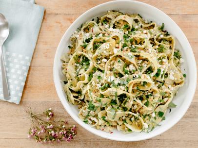 Molly Yeh's Homemade Herbed Pasta with Feta, Lemon and Pine Nuts, as seen on Girl Meets Farm, Season 3.