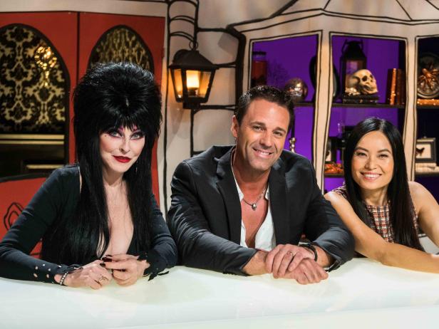 Guest Judge Elvira with Judges Todd Tucker & Shinmin Li, as seen on Halloween Wars, Season 8.