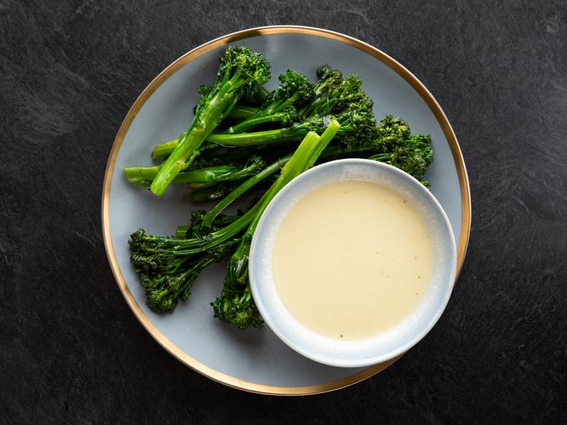 Close-up of Bryce's Broccolini and Alfredo Dipping Sauce, as seen on The Pioneer Woman, Season 23.