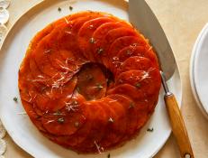 Our favorite fall vegetable takes the place of traditional apples in this gorgeous tarte tatin that has savory accents of fresh herbs and Parmesan.