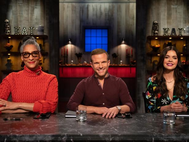 Posed group shot of Judges Carla Hall, Zac Young, and Katie Lee as seen on Halloween Baking Championship Season 5 Episode 2.